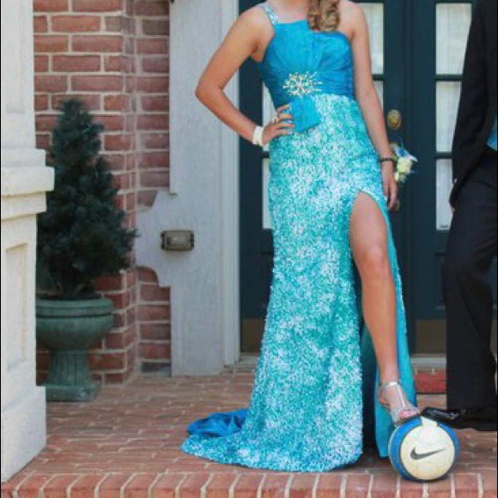 GiGi New York Turquoise Sequin One-Shoulder Prom Dress with High Slit